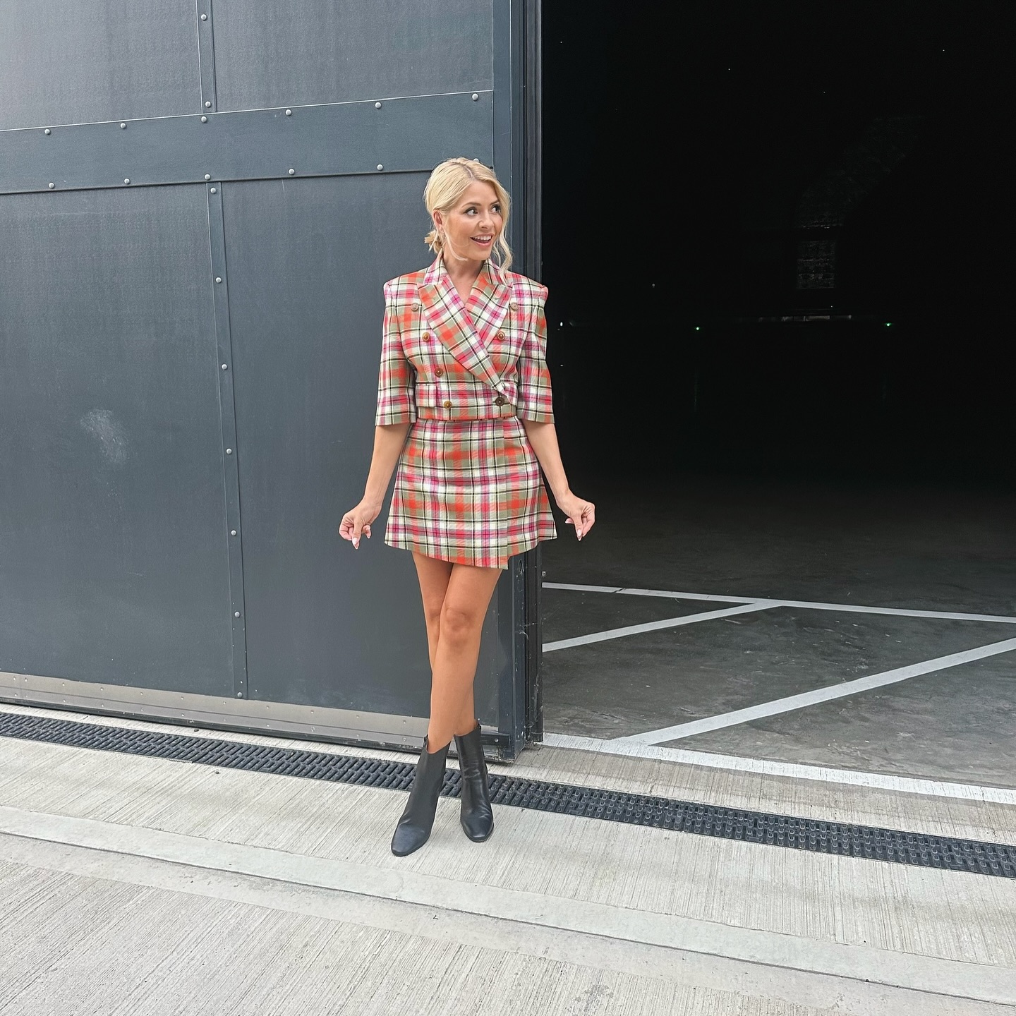 where to get all Holly Willoughby You Bet dresses orange tartan plaid skirt suit black ankle boots 7 December 2024 Phot Holly Willoughby