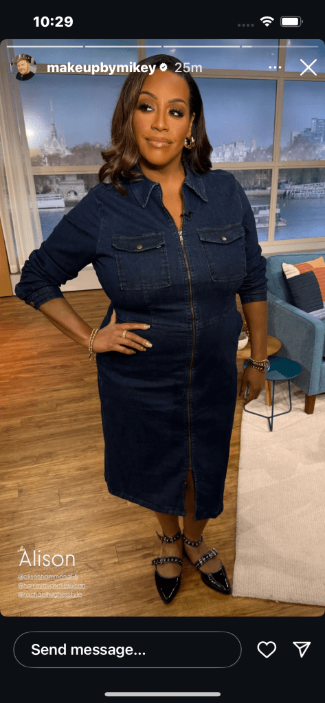 where to get all Alison Hammond This Morning outfits blue denim ziped midi dress black strap Mary Jane patent shoes what is alison wearing31 January 2025 Photo Mikey Phillips