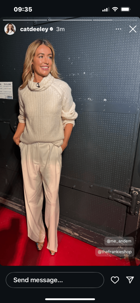 where to get all Cat Deeley this Morning outfits cream raglan jumper cream pleated trousers what is Cat wearing 20 January 2025 Photo Cat Deeley