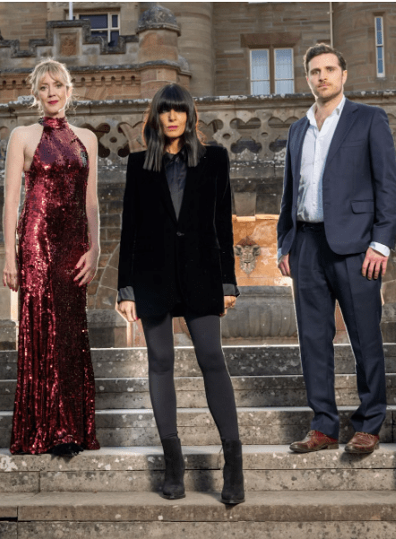 where to get all Claudia Winkleman the Traitors outfits black velvet jacket black satim shirt leggings black suede nakle boots what its Claudia wearing   24 january 2024 Phgoto BBC Studio Lambert