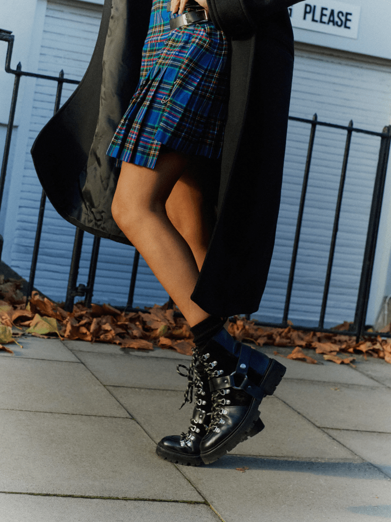 where to get all Holly Willoughby outfits black coat blue tartan kilt black biker boots 30 January 2025 Photo Jon Gorrigan