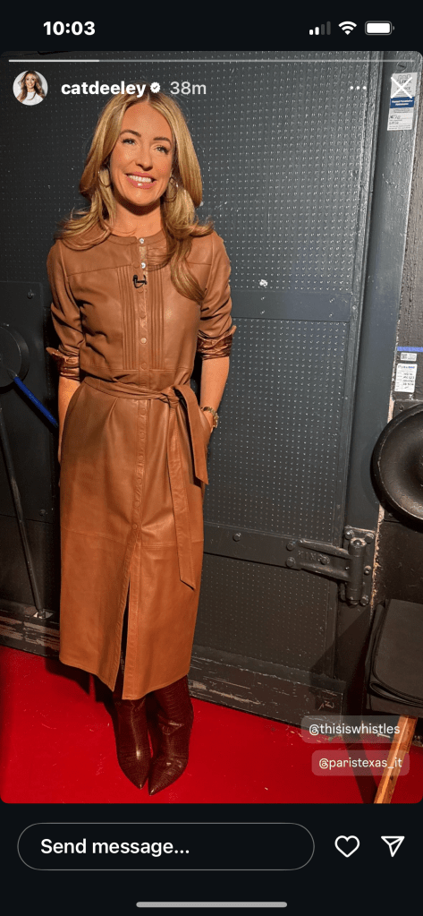 where to get all Cat Deeley this Morning outfits toffee brown leather shirt dress brown croc boots what is Cat wearing 3 February 2025 Photo Cat Deeley