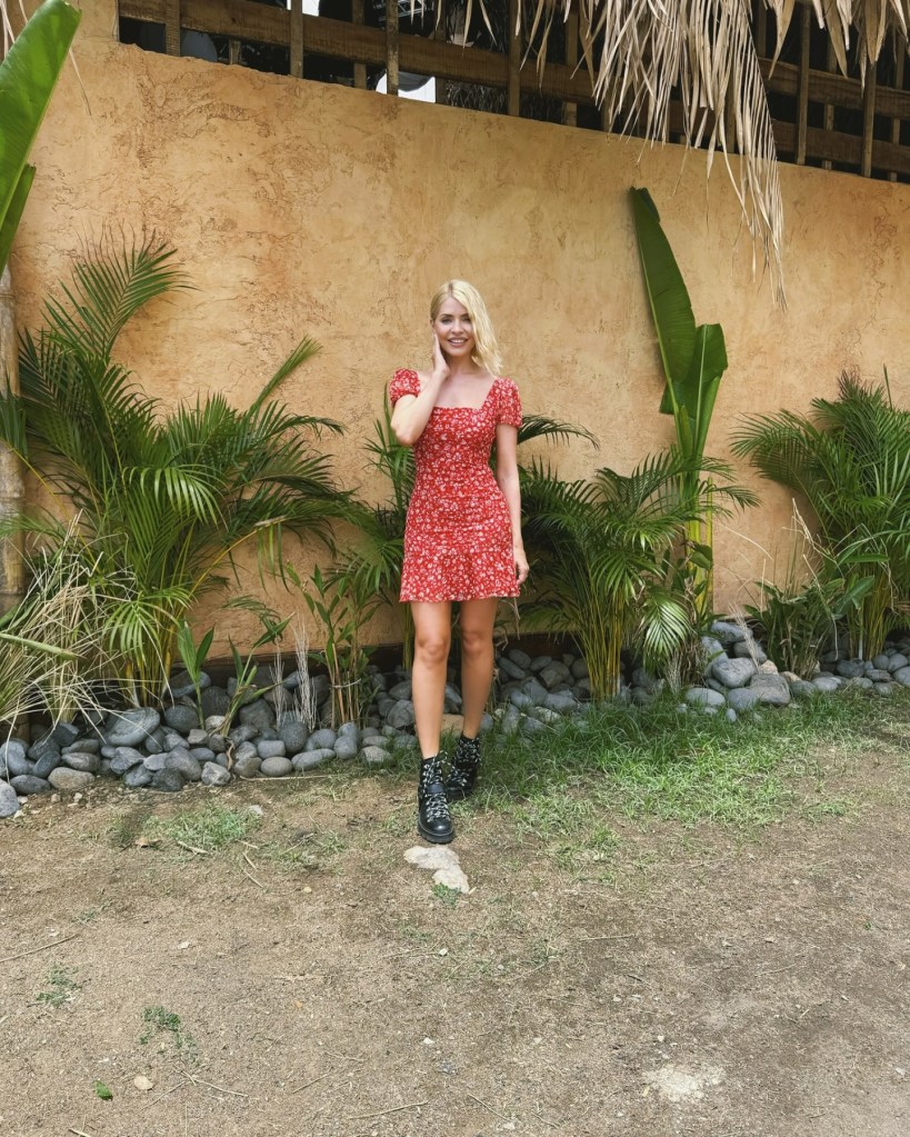 where to get all holly Willoughby Celebrity Bear Hunt outfits red floral mini dress black hiking boots what is Holly wearing  23 February 2025 Photo Holly Willoughby