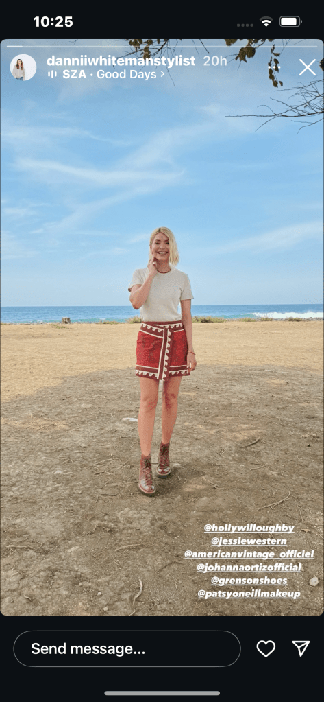 where to get all Holly Willoughby Celebrity Bear Hunt outfits red paisley mini wrap skirt cream t-shirt brown hiking boots what is holly wearing 13 February 2025 Photo Danielle Whiteman
