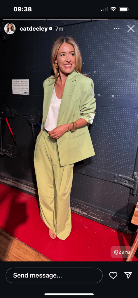 where to get all Cat Deeley this Morning outfits apple green blazer and trouser suit what is Cat wearing 25 March 2025 Photo Cat Deeley