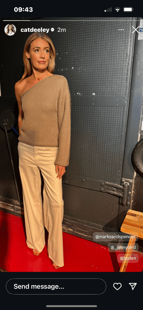 where to get all Cat Deeley this Morning outfits cappuccino brown one sleeve knit top cram jeans what is Cat wearing 26 March 2025 Photo Cat Deeley