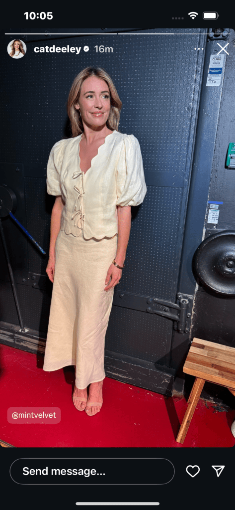 where to get all Cat Deeley this Morning outfits pale yellow linen scallop tie front top and maxi skirt what is Cat wearing 27 March 2025 Photo Cat Deeley