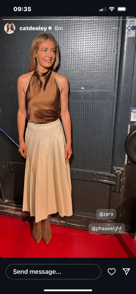 where to get all Cat Deeley this Morning outfits brown satin halter top cream pleated faux leather skirt what is Cat wearing 3 March 2025 Photo Cat Deeley
