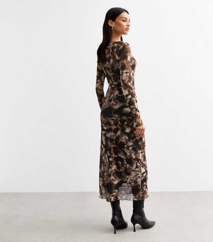 New Look Brown Ink Print Mesh Midi Dress back view