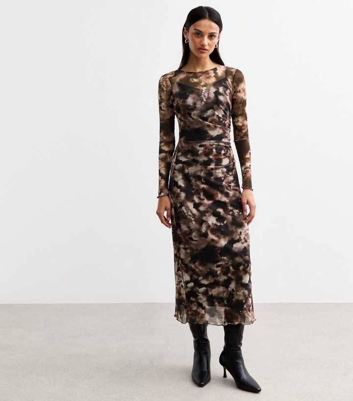 New Look Brown Ink Print Mesh Midi Dress