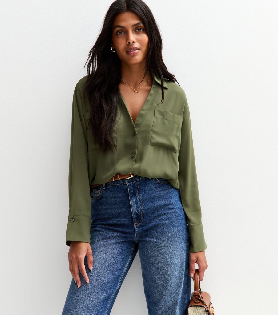 New Look Khaki V-Neck Curved Hem Shirt