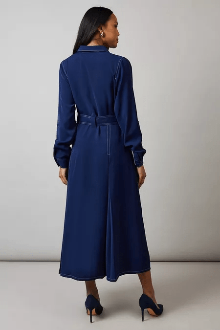 Principles Navy Contrast Stitch Belted Utility Dress back view