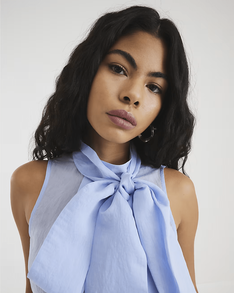 River island Blue Bow Neck Tie Blouse