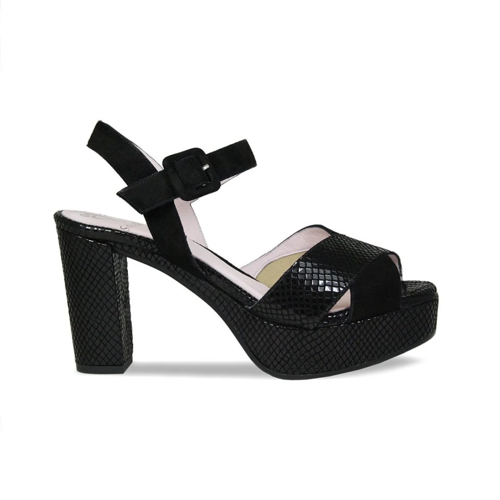 Sole Bliss Ruby Black Suede & Snake Print Leather Sandals