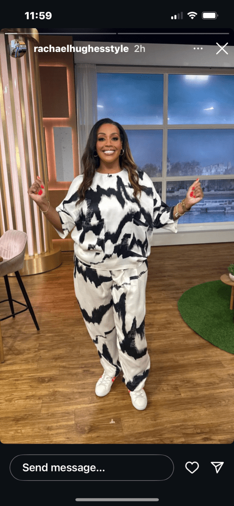 where to get all Alison Hammond This Morning outfits white and black abstract print t-shirt and trouser co ord what is alison wearing 18 April 2025 Photo Rachael Hughes