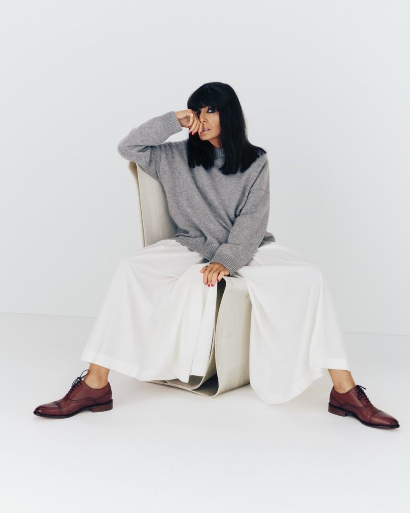 where to get all Claudia winkleman M&S Jaeger outfits white wide leg culottes grey jumper brown brogues what is Claudia wearing 2 April 2025 Photo M&S