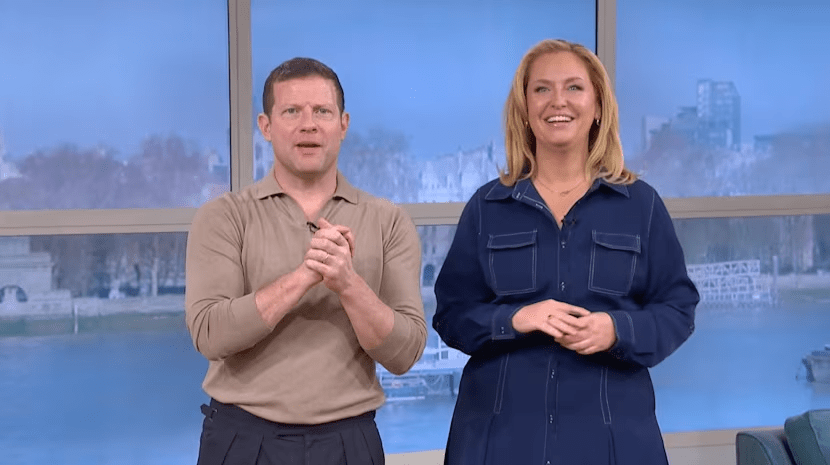 where to get all Josie Gibson This Morning outfits navy contrast stitch belted midi shier dress what is josie wearing 4 April 2025 Photo ITV