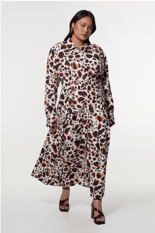 Karen Millen Plus Size Premium Viscose Linen Woven Shirt Dress With Gold Buckle Belt