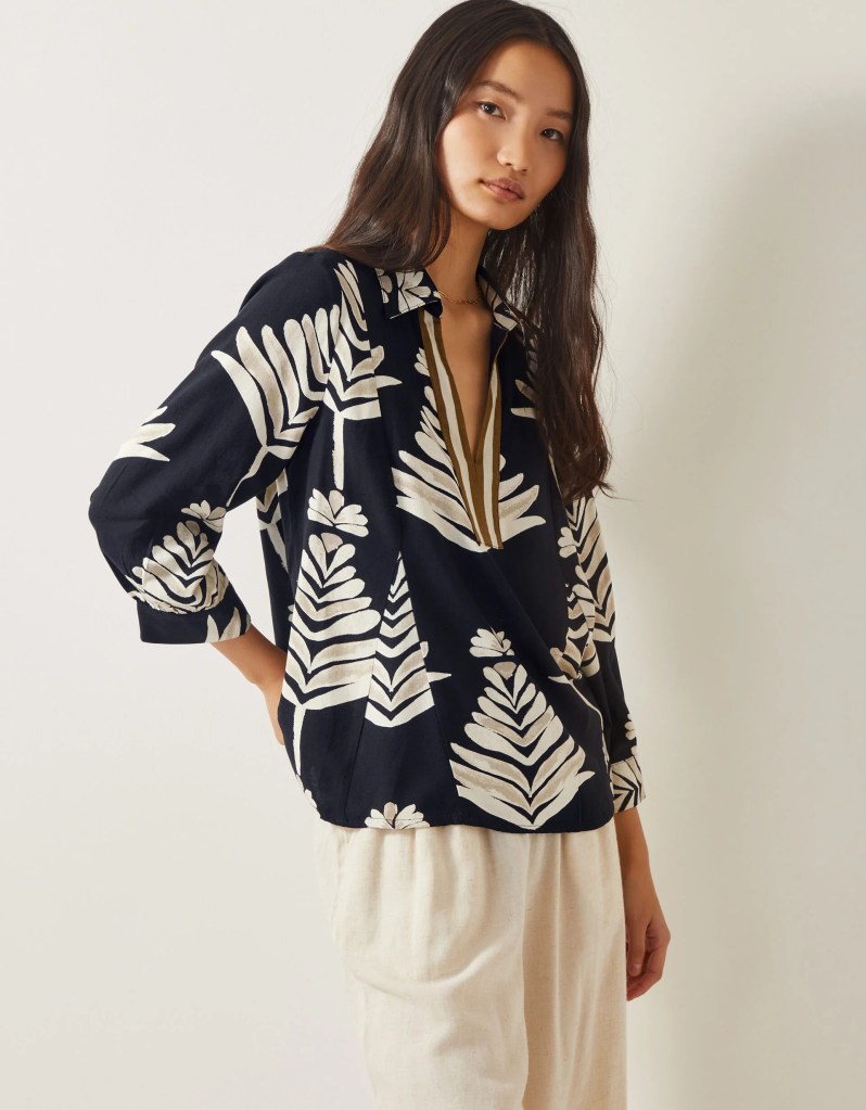 Monsoon Pamela Linen Blend Leaf Print Top