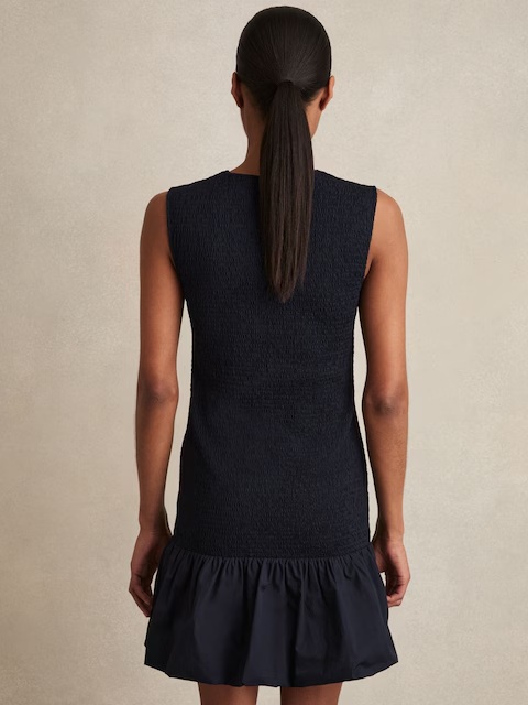 Reiss Belinda Cotton Shirred Bubble-Hem Mini Dress in Navy back view