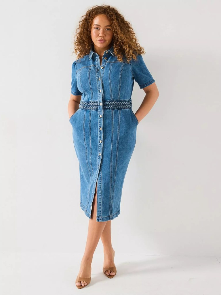 V by Very Curve Denim Button Through Midi Dress - Mid Wash