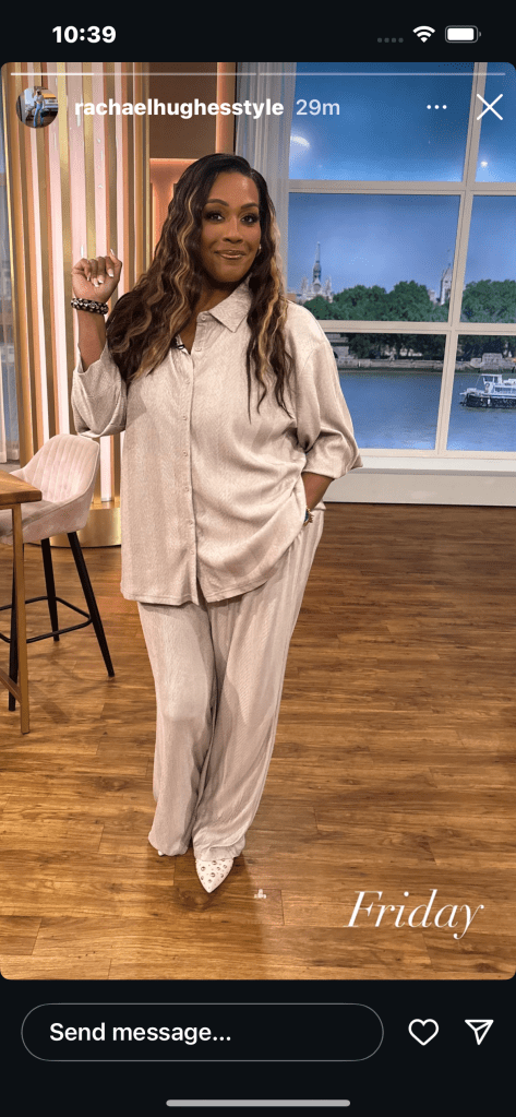 where to get all Alison Hammond This Morning outfits oyster plissé co ord what is alison wearing 23 May 2025 Photo Rachael Hughes