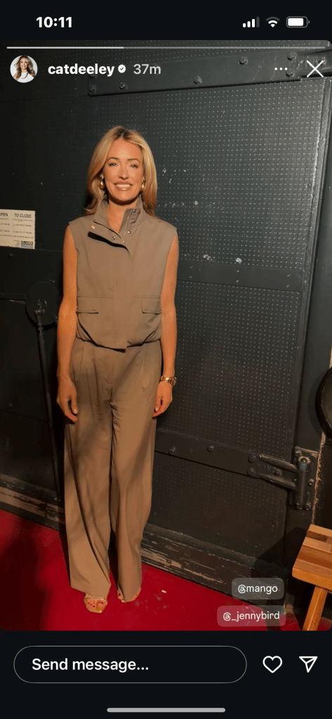 where to get all Cat Deeley this Morning outfits brown utility top and belted trousers gold sandals what is Cat wearing 6 May 2025 Photo Cat Deeley