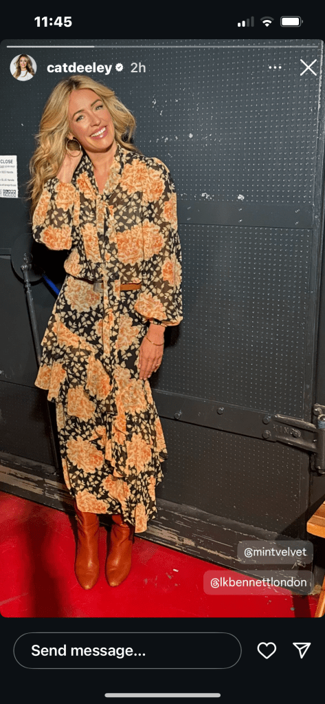 where to get all Cat Deeley this Morning outfits orange floral print blouse and midi skirt brown boots what is Cat wearing 7 May 2025 Photo Cat Deeley