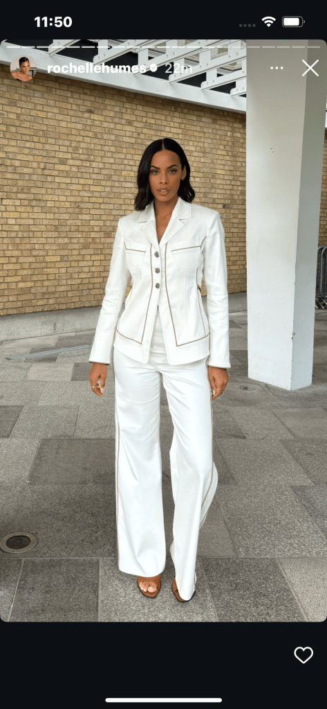 where to get all Rochelle Humes This Morning outfits ivory denim trouser suit brown suede mules what  is Rochelle wearing 29 May 2025 Photo Rochelle Humes