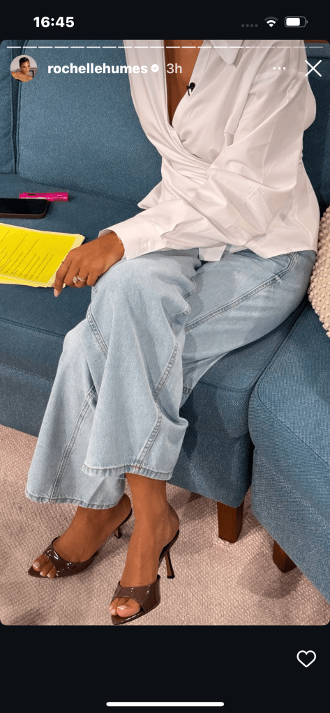 where to get all Rochelle humes This Morning outfits white wrap shirt pale blue jeansbrown patent mules what is Rochelle wearing 28 May 2025 Photo Rochelle Humes