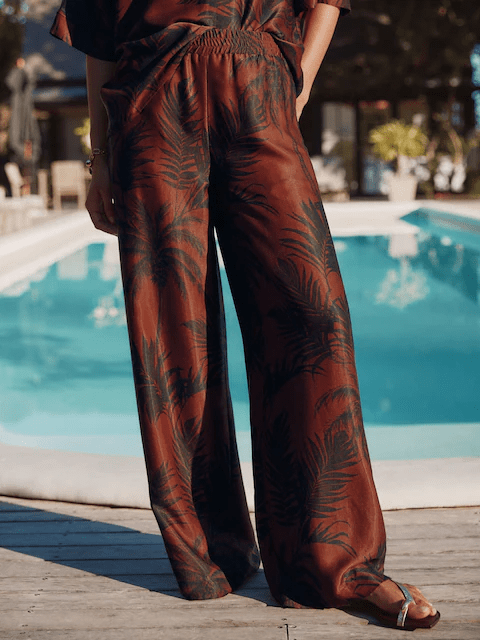Next Brown Palm Print Wide Leg Satin Trousers