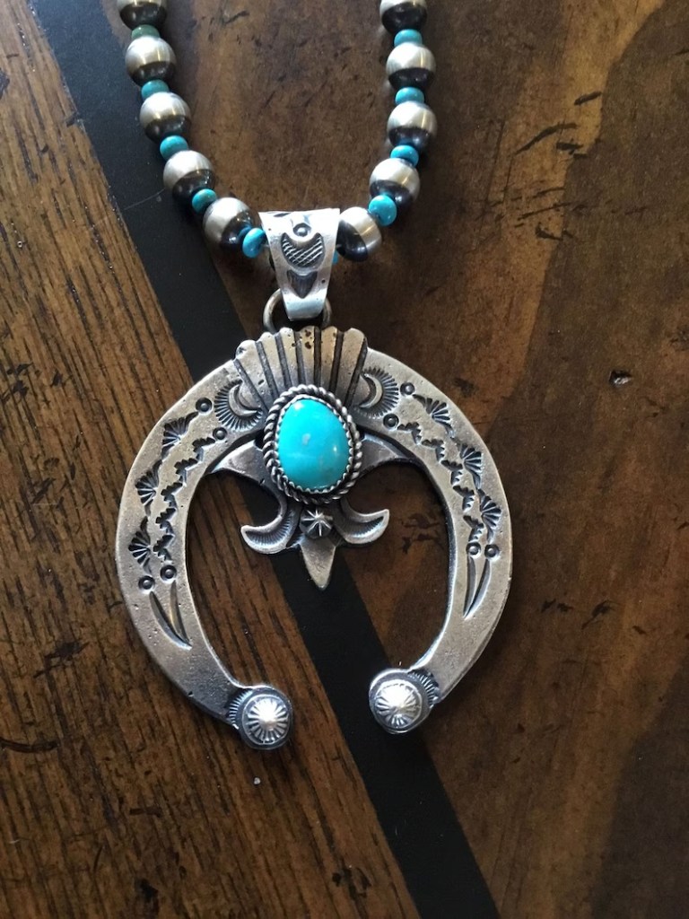 Signed Artisan Navajo Sterling Silver Naja On Long Navajo Pearl Necklace