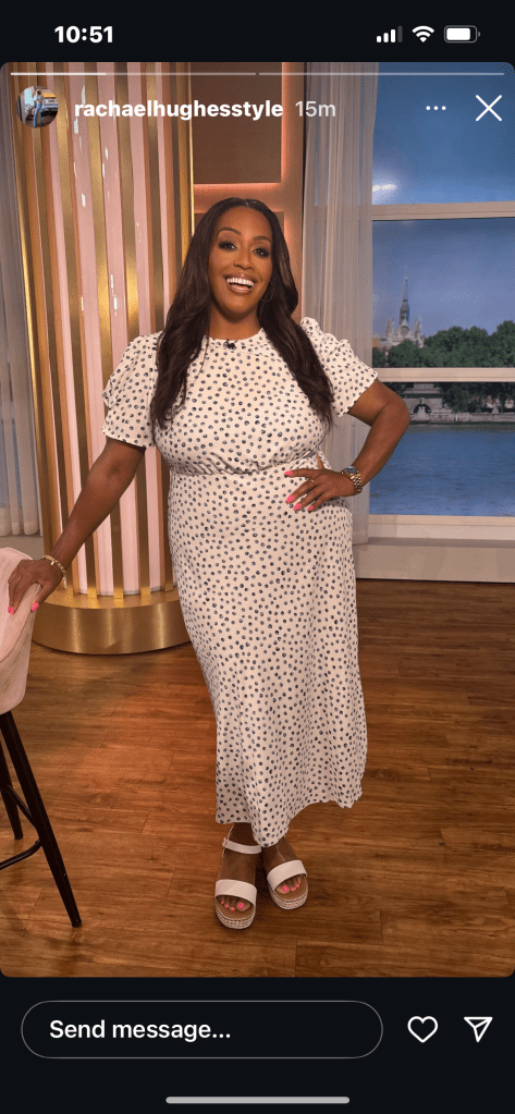 where to get all Alison Hammond This Morning outfits white blue spot midi dress white  sandals what is alison wearing 20 June 2025 Photo Rachael Hughes