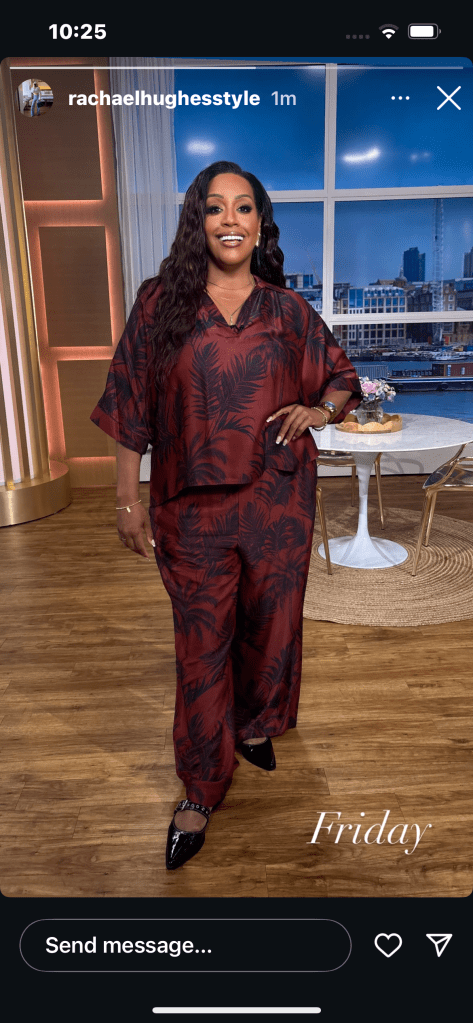 where to get all Alison Hammond This Morning outfitsbrown navy satin palm print top and trouser co ord black patent buckle shoes what is alison wearing 6 June 2025 Photo Rachael Hughes