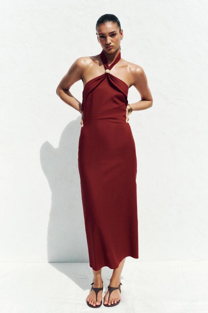 Zara Linen Blend Halter Midi Dress
