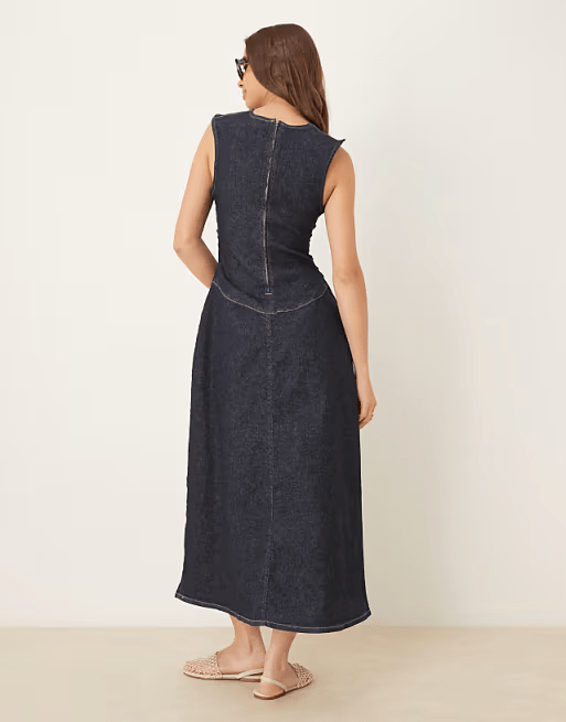 ASOS DESIGN rouched drop waist denim dress with short sleeve in rinse wash back view