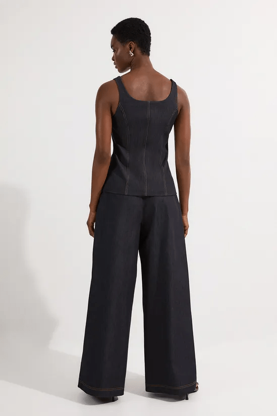 Karen Millen Tailored Denim Peplum Wide Leg Jumpsuit back view
