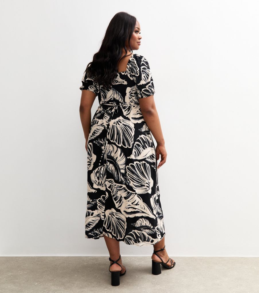 New Look Curves Black Shell Print Milkmaid Midi Dress back view
