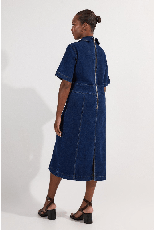 Plus Size Stretch Denim Snaffle Trim Collared Midi Dress back view