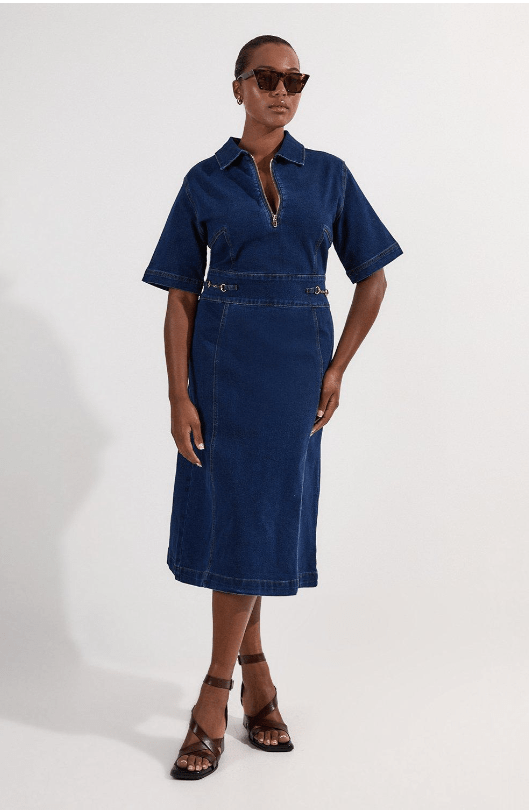 Plus Size Stretch Denim Snaffle Trim Collared Midi Dress