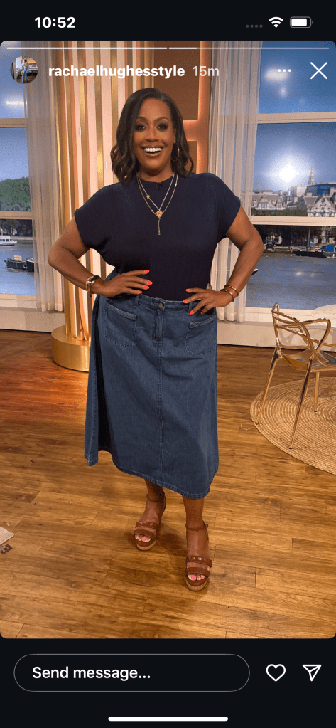 where to get all Alison Hammond This Morning outfits navy t-shirt blue denim midi skirt brown platform sandals what is alison wearing 24 July 2025 Photo Rachael Hughes