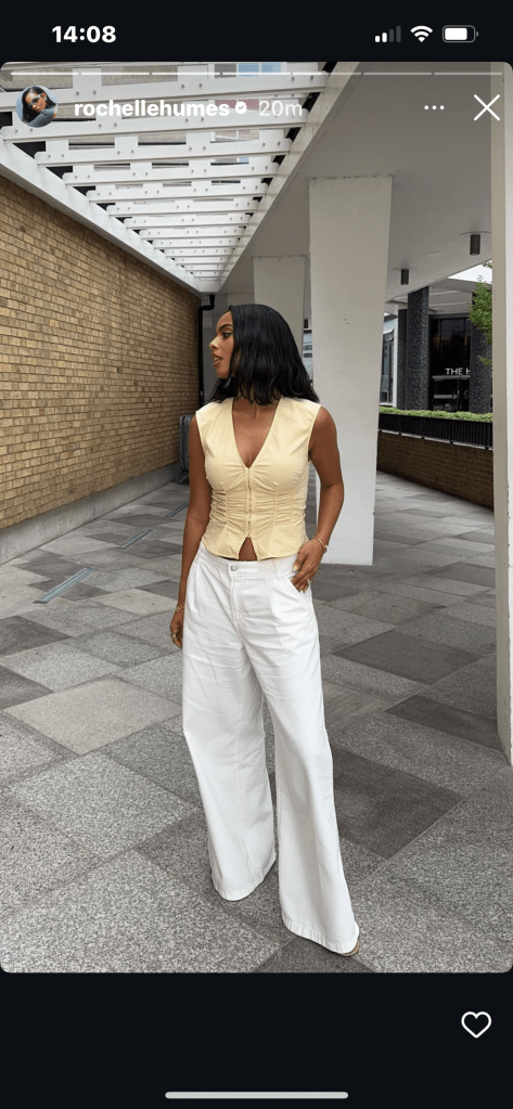 where to get all Rochelle Humes This Morning outfits butter yellow ruched top whte pelated jeans what is rochelle wearing 29 July 2025 Photo Rochelle Humes