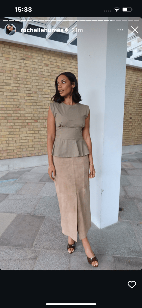 where to get all Rochelle Humes This Morning outfits khaki corset peplum top beige midi suede skirt brown perpex mules what is rochelle wearing 30 July 2025 Photo Rochelle Humes