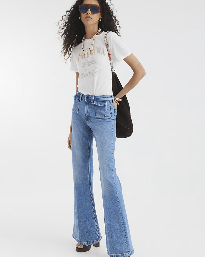 River Island Blue High Rise Relaxed Flare Jeans