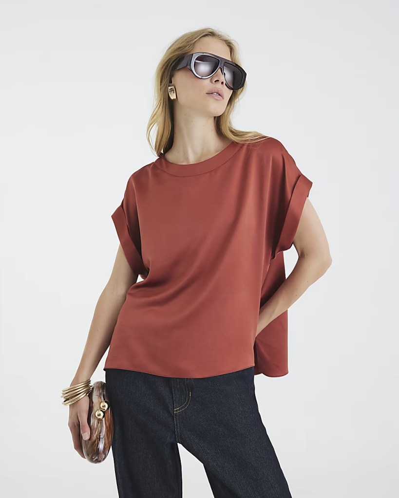 River Island Orange Satin Turn Back Cuff T-shirt
