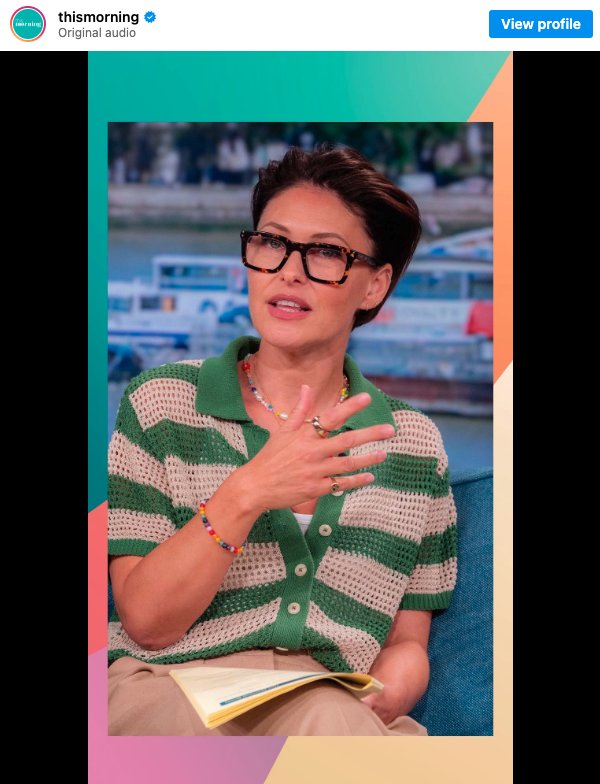 where to get all Emma Willia This Morning outfits green striped openwork cardigan beige trousers what is Emma wearing 13 August 2025 Photo This Morning