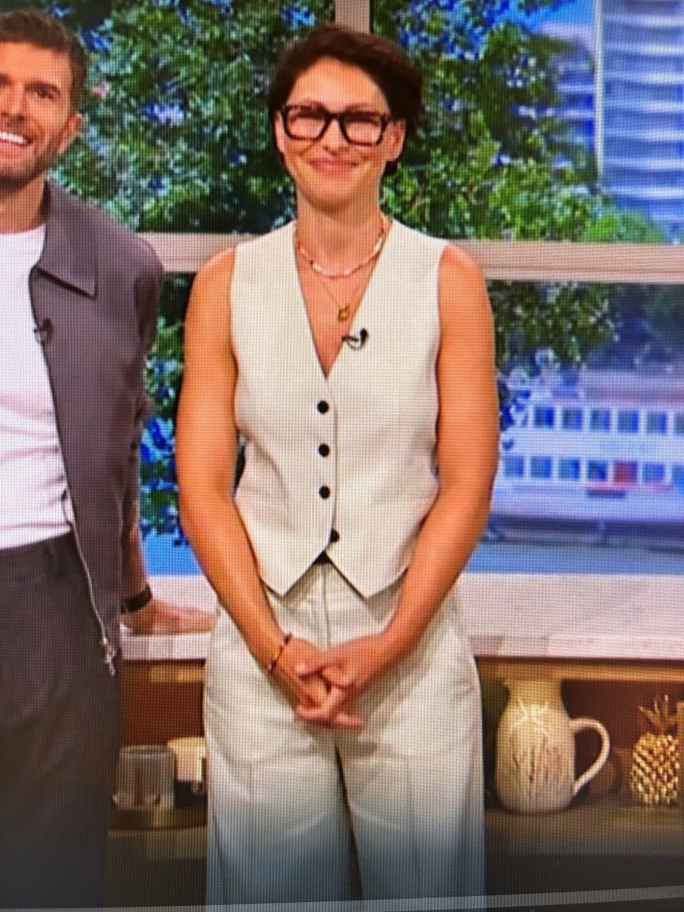 where to get all Emma Willia This Morning outfits mint green waistcoat and trousers what is Emma wearing 7 August 2025 Photo ITV