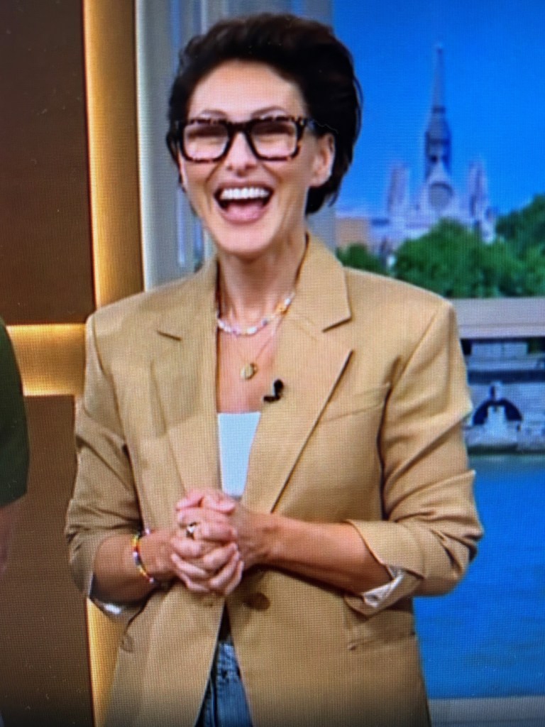 where to get all Emma Willia This Morning outfits honey mustard linen blazer blue jeans what is Emma wearing 6 August 2025 Photo ITV