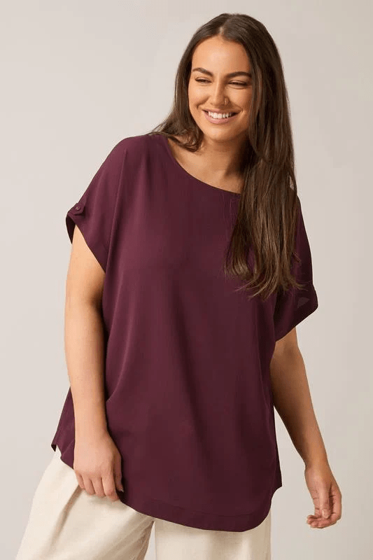 EVANS Curve Burgundy Red Button Sleeve Blouse