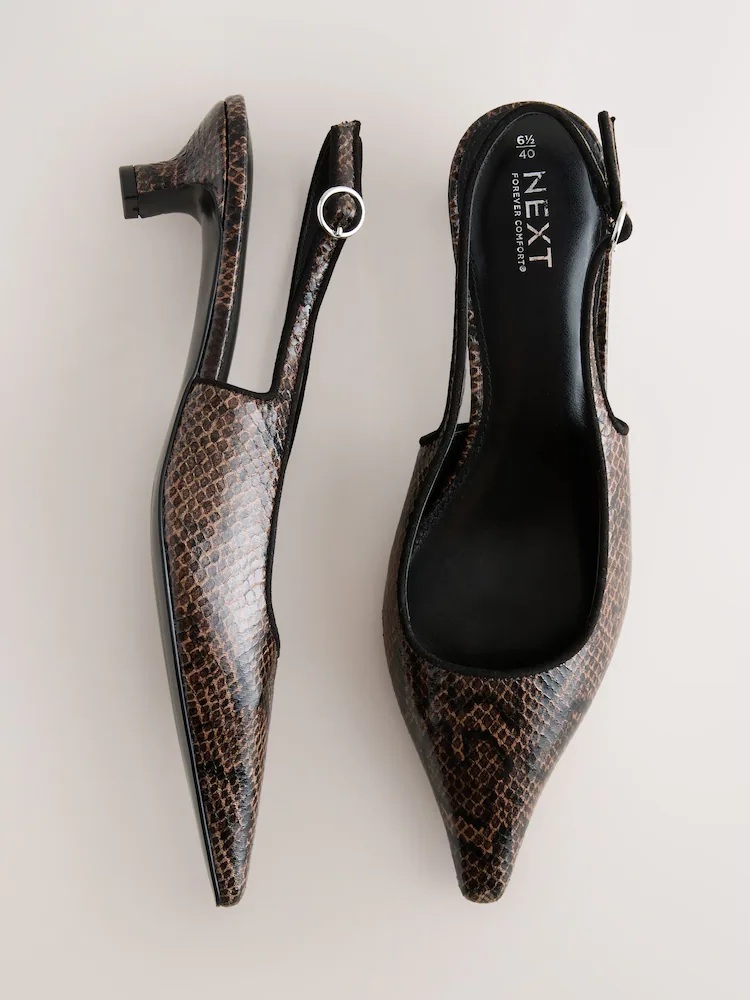 Next Chocolate Brown Snake Point Toe Low Slingback Kitten Heels